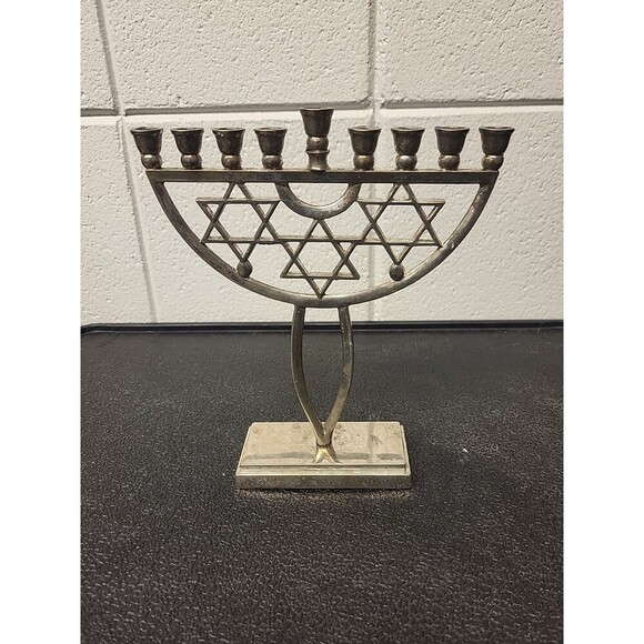 Vintage Brass Hanukkah 9 Branch Star of David Menorah Candle Holder 7" Tall - Picture 3 of 5